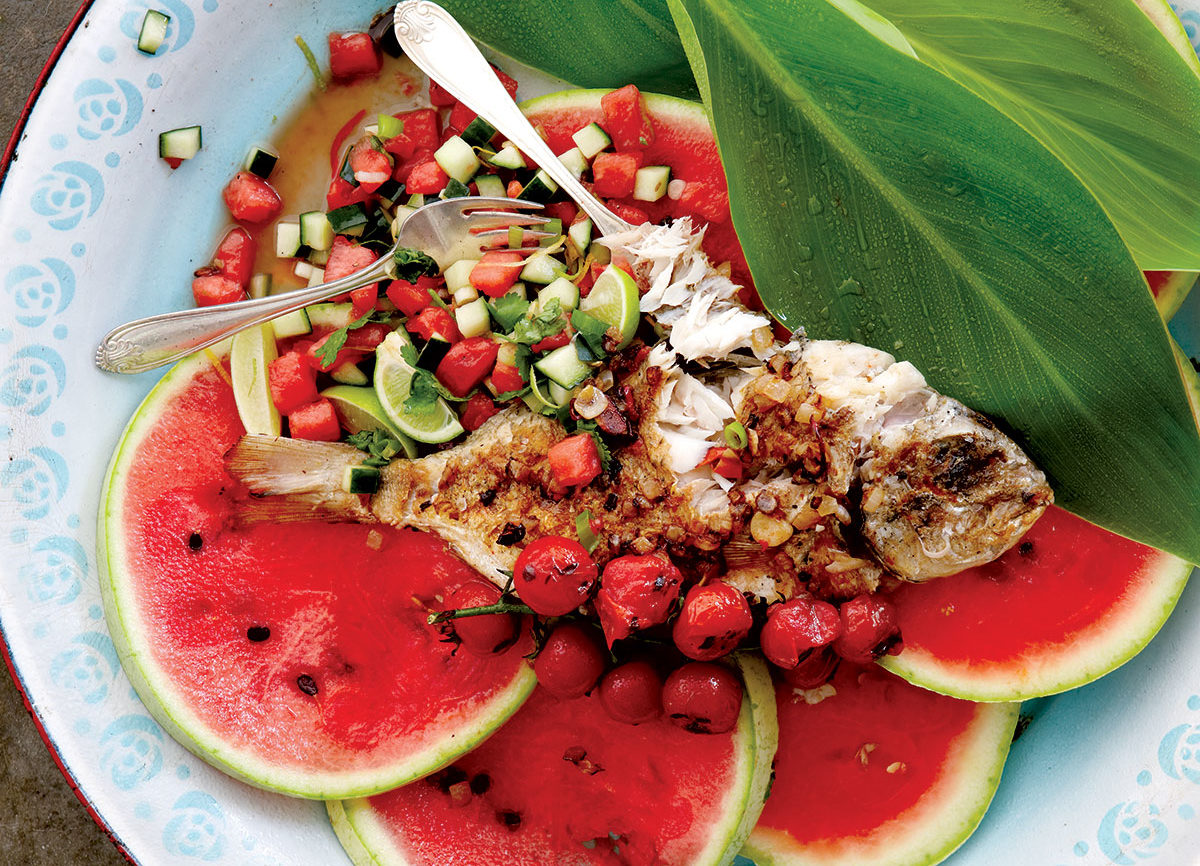 Grilled whole fish with watermelon salsa recipe