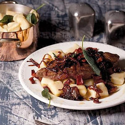 Seared calf’s liver with home-made gnocchi, burnt sage butter and braised red onion