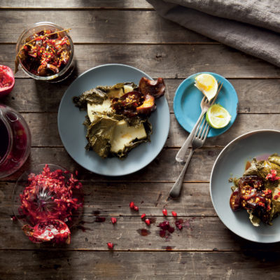 Sticky brinjal jam with halloumi and crispy vine leaves