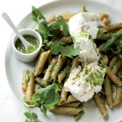 Watercress pesto pasta with fresh buffalo mozzarella