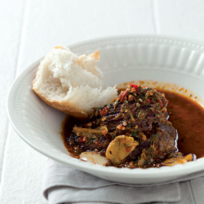 Peri-peri ostrich steak with crusty French loaf