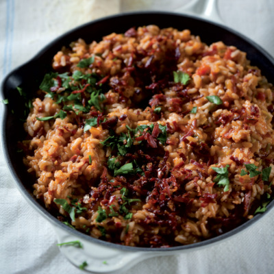 Crispy lardon and spicy tomato risotto