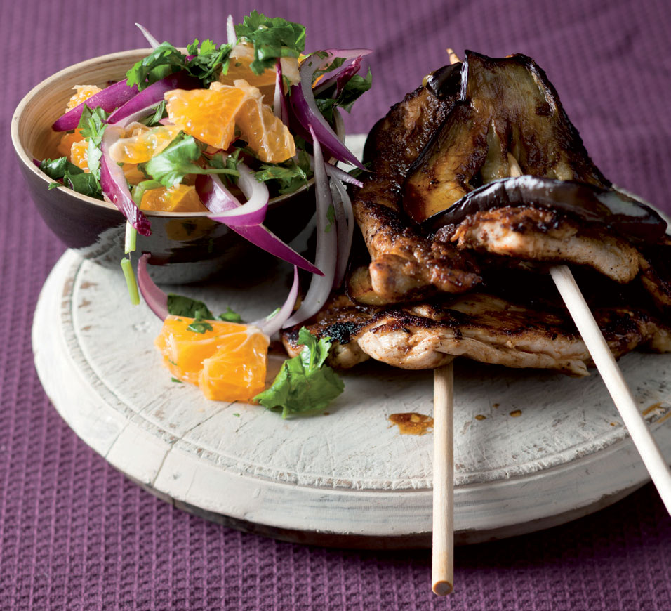 Curry marinated chicken and brinjal kebabs recipe