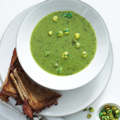 Quick pea soup with wasabi peas and bacon toasts