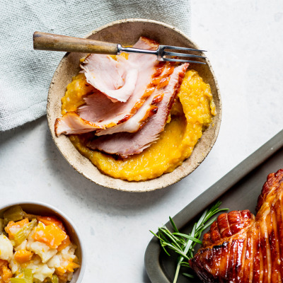 Traditional glazed gammon with sweet roasted pears