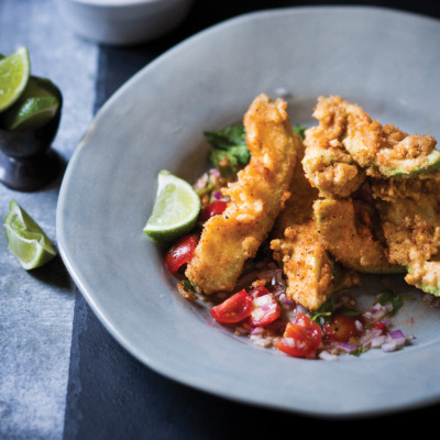 Deep-fried avocado with tomato, ginger and coriander salsa