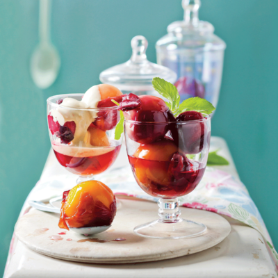 Poached stone fruit and vanilla mascarpone cream