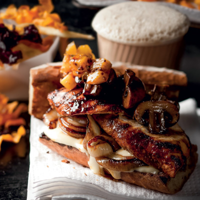 Harissa chicken burgers with pineapple relish, aïoli and vegetable crisps