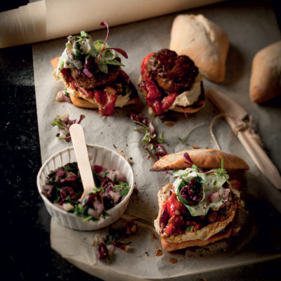 Mini lamb burgers with roast peppers