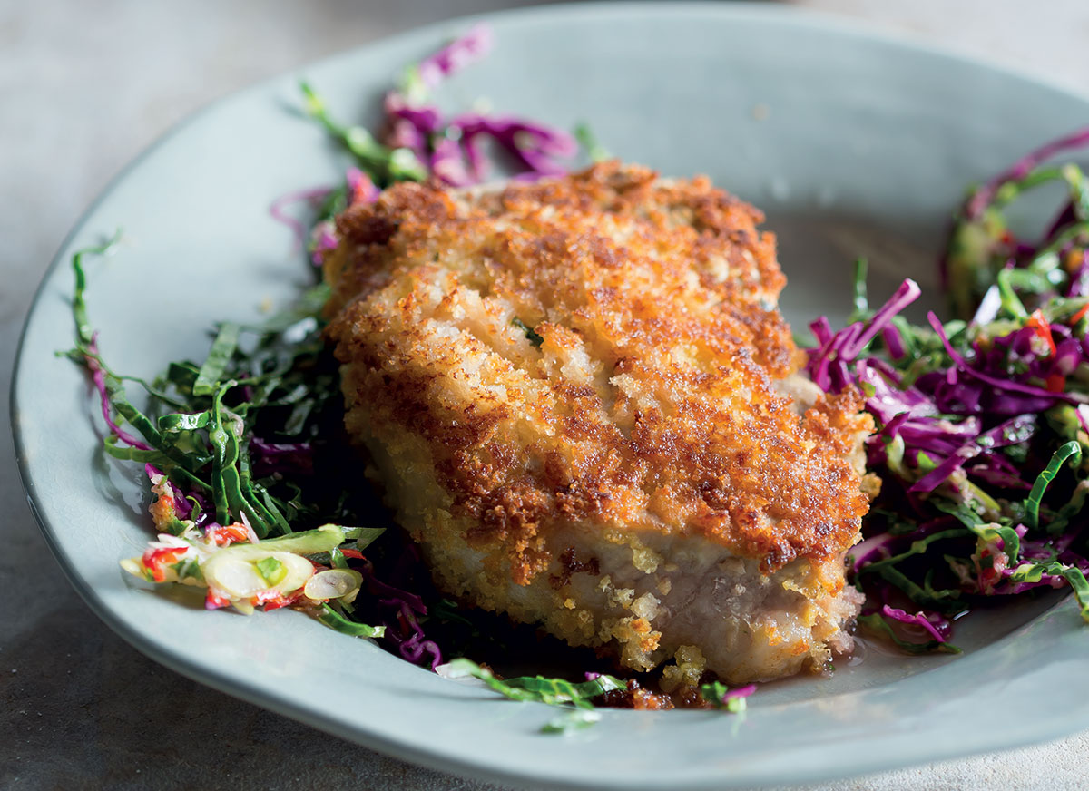 Crumbed pork loin chops with kimchi recipe