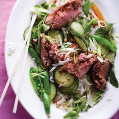 Asian-style fillet roast on rice noodles