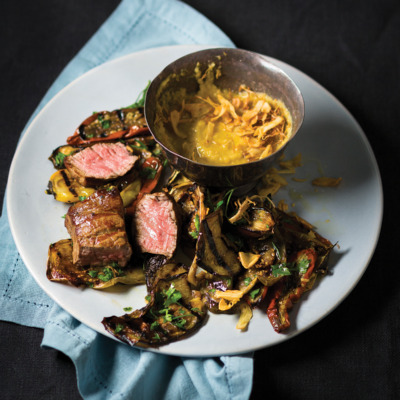 Grilled white, yellow, red and purple brinjals with peanut tahini and fillet steaks