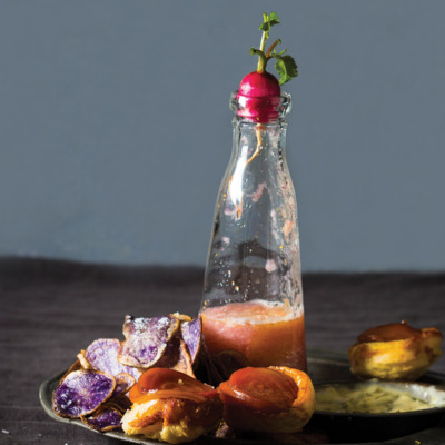 Purple potato chips with tartar sauce, radish-and-carrot juice and golden beetroot tarte tatins