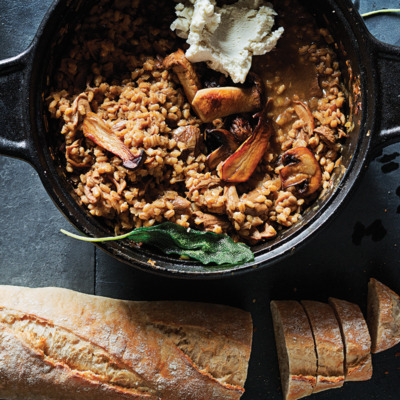 Mushroom barley risotto with goats cheese and sage