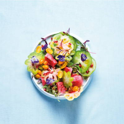 Tart green tomato and sweet watermelon salad with tomato seed dressing