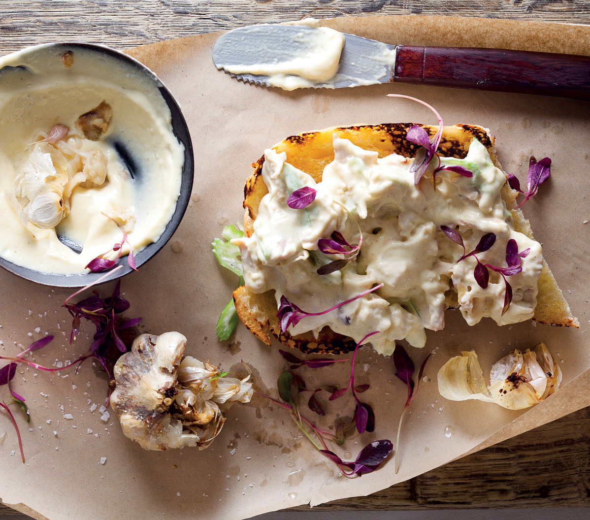 Open chicken and garlic mayonnaise sandwich