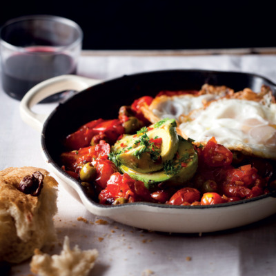 Baked tomato relish with crispy fried eggs