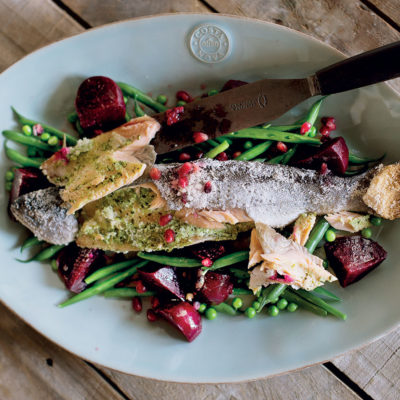 Pomegranate salt-roasted trout with balsamic beets and greens