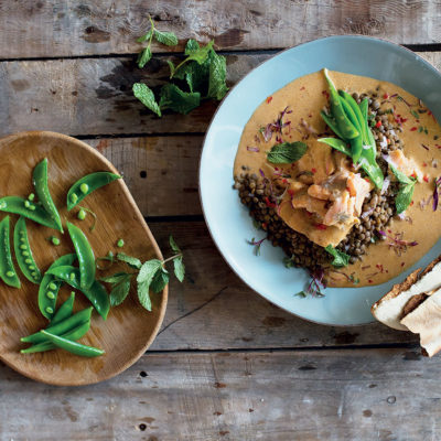 Trout poached in Thai red coconut curry with lentils