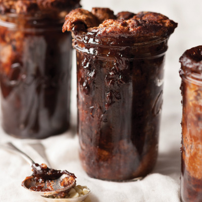 Milk chocolate self-saucing pudding with white chocolate drops