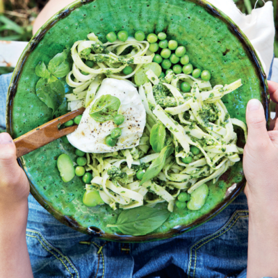 Basil pesto pasta with mozzarella