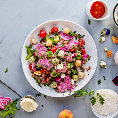 Summer tomato, beetroot and lemony ricotta quinoa salad