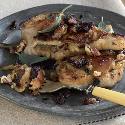 Apple, pecan nut and camembert stuffed pork chops