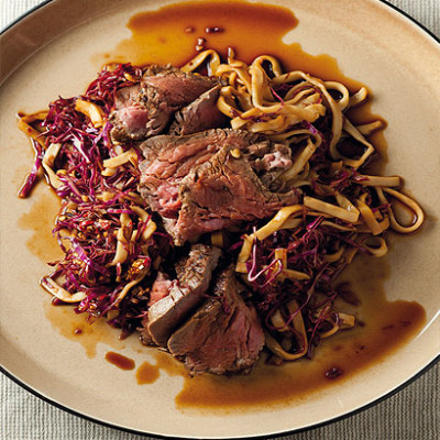 Asian beef and red cabbage noodle salad