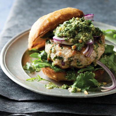 Asian pork burgers with coriander pesto