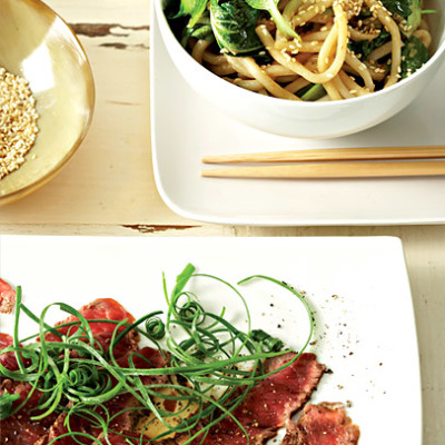 Asian-style seared beef with sesame-onion noodles