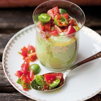 Avocado soup with tomato salsa