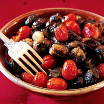 Baby aubergines with rosa tomatoes