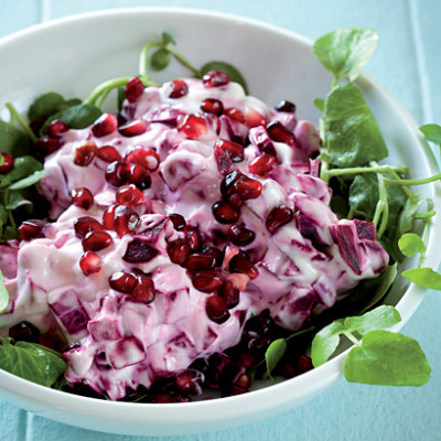 Baby beetroot raita with watercress salad