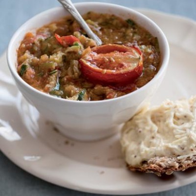 Baby marrow and tomato soup with mustard-and-celeriac remoulade