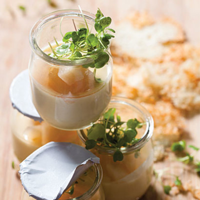 Baked pecorino creme with pickled pears and Parmesan crisps