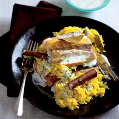 Baked spiced fish with biryani rice