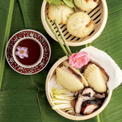 Bao (steamed buns) with barbecued pork and Hoisin sauce