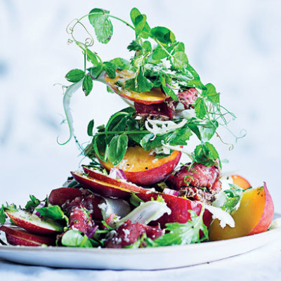 Beef carpaccio with nectarine salad