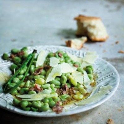 Blanched broad beans glossed in lemon-anchovy vinaigrette