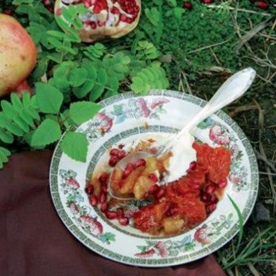 Blood orange upside-down tart with pomegranate rubies