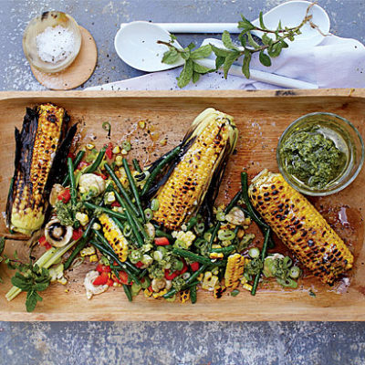 Braaied corn salad with basil pesto dressing