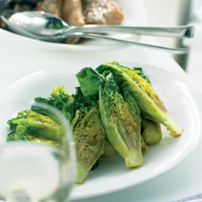 Braised lettuce with spring lamb and shiitake mushrooms