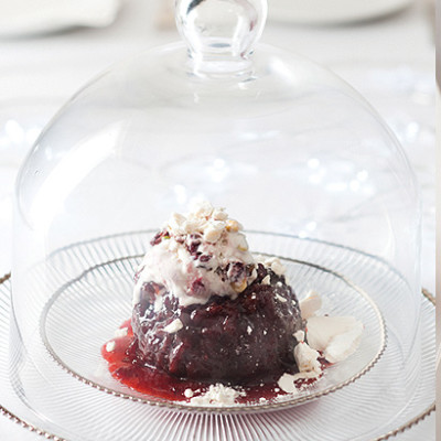 Brandy Christmas pudding with vanilla ice cream