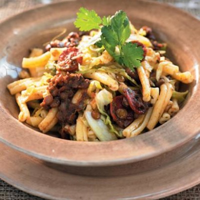 Cabbage pasta with lentils and chorizo