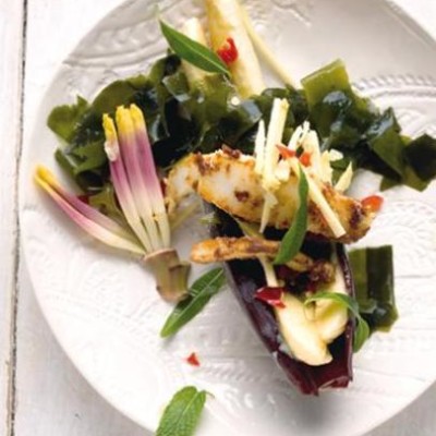 Calamari, banana blossom and seaweed stirfry