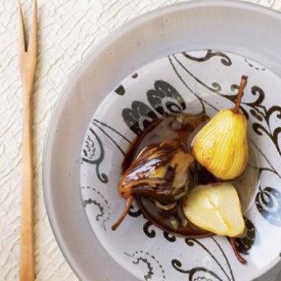 Cardamom scented organic pears with organic coffee and chocolate sauce