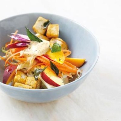 Caribbean peach slaw salad with crispy tofu