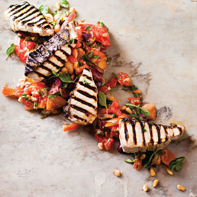 Chargrilled yellowtail with exotic tomato and butter bean salad