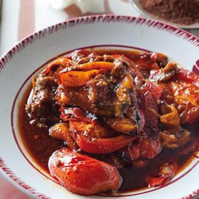 Charred sweet pepper and tomato with anchovy and harissa dressing