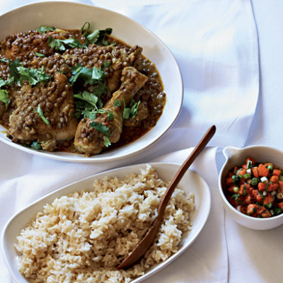 Chicken and lentil curry with papaya salsa